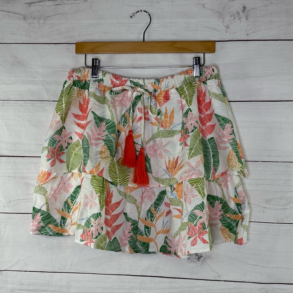 NWT Tori Richard Floral Leaf Tiered Skirt with Orange Tassel